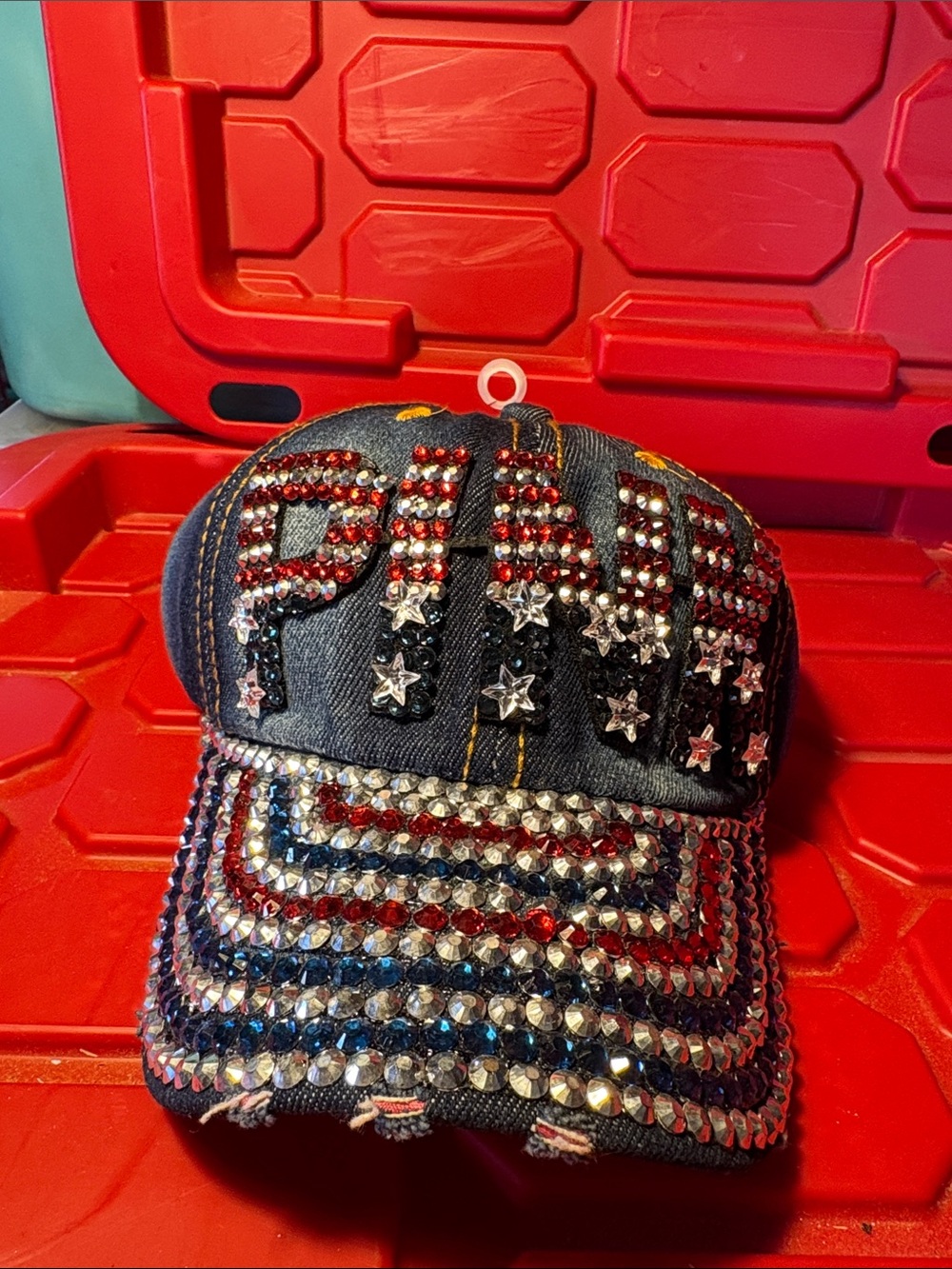 New Blue Denim Pink Jeweled Cap Hat Snap Cachucha